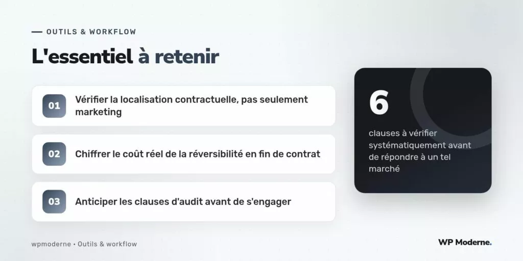L'essentiel à retenir : Vérifier la localisation contractuelle, pas seulement marketing ; Chiffrer le coût réel de la réversibilité en fin de contrat ; Anticiper les clauses d'audit avant de s'engager