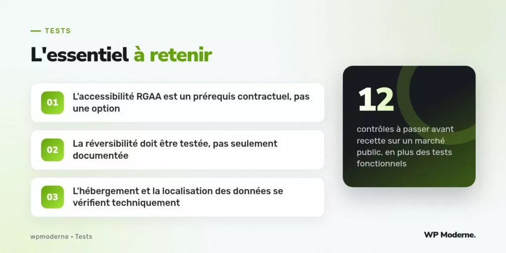 L'essentiel à retenir : L'accessibilité RGAA est un prérequis contractuel, pas une option ; La réversibilité doit être testée, pas seulement documentée ; L'hébergement et la localisation des données se vérifient techniquement