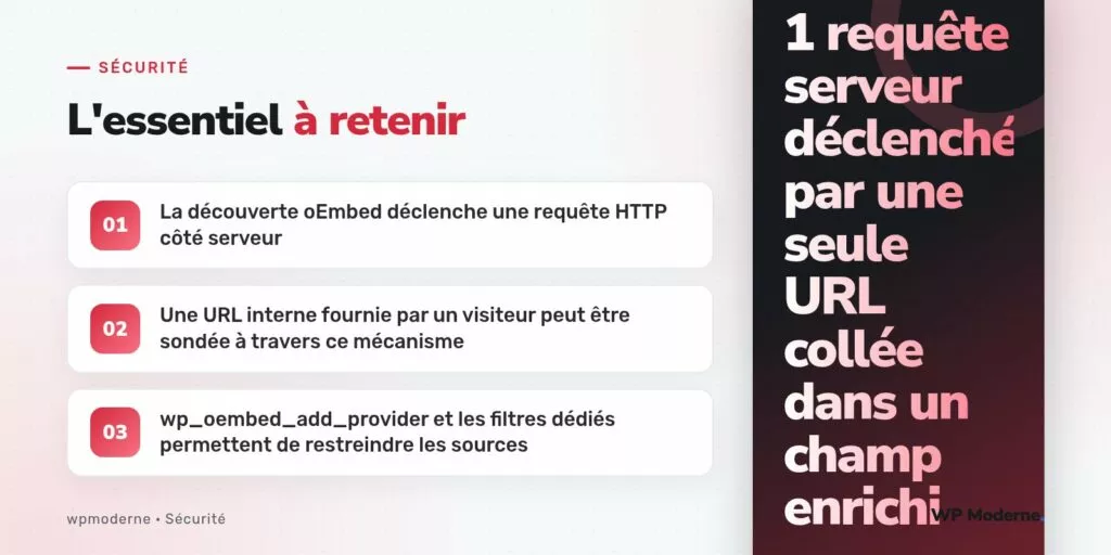 L'essentiel à retenir : La découverte oEmbed déclenche une requête HTTP côté serveur ; Une URL interne fournie par un visiteur peut être sondée à travers ce mécanisme ; wp_oembed_add_provider et les filtres dédiés permettent de restreindre les sources