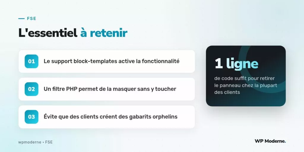 L'essentiel à retenir : Le support block-templates active la fonctionnalité ; Un filtre PHP permet de la masquer sans y toucher ; Évite que des clients créent des gabarits orphelins