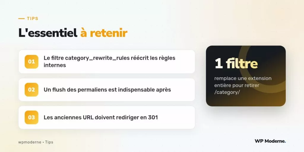 L'essentiel à retenir : Le filtre category_rewrite_rules réécrit les règles internes ; Un flush des permaliens est indispensable après ; Les anciennes URL doivent rediriger en 301