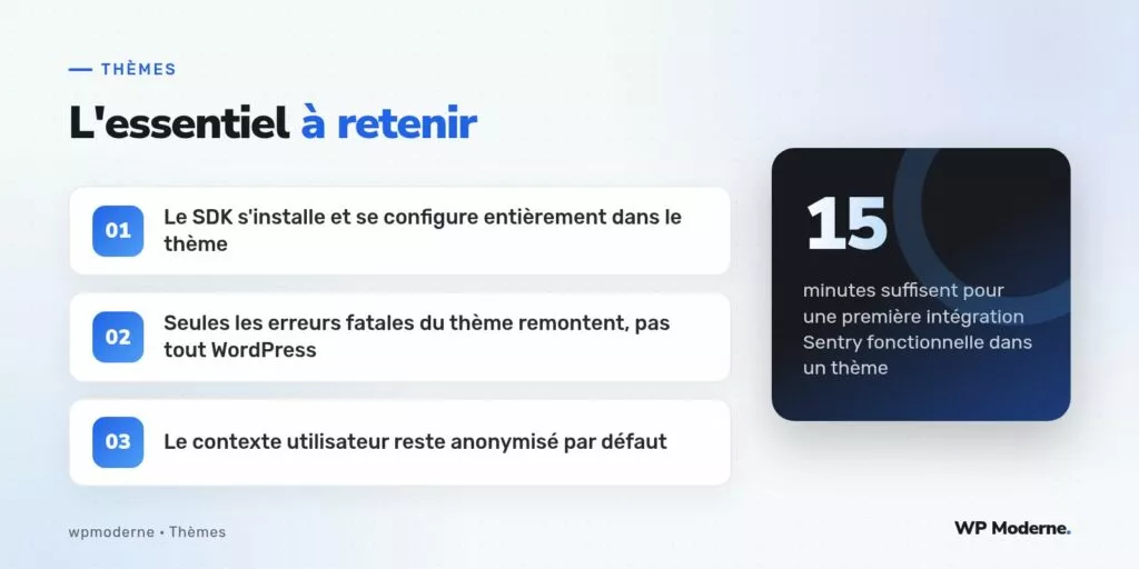L'essentiel à retenir : Le SDK s'installe et se configure entièrement dans le thème ; Seules les erreurs fatales du thème remontent, pas tout WordPress ; Le contexte utilisateur reste anonymisé par défaut