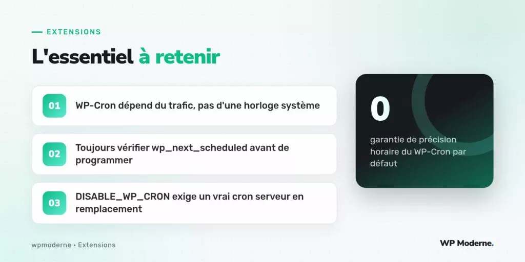 L'essentiel à retenir : WP-Cron dépend du trafic, pas d'une horloge système ; Toujours vérifier wp_next_scheduled avant de programmer ; DISABLE_WP_CRON exige un vrai cron serveur en remplacement