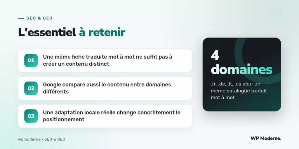 L'essentiel à retenir : Une même fiche traduite mot à mot ne suffit pas à créer un contenu distinct ; Google compare aussi le contenu entre domaines différents ; Une adaptation locale réelle change concrètement le positionnement