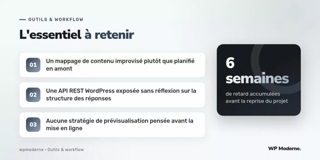 L'essentiel à retenir : Un mappage de contenu improvisé plutôt que planifié en amont ; Une API REST WordPress exposée sans réflexion sur la structure des réponses ; Aucune stratégie de prévisualisation pensée avant la mise en ligne