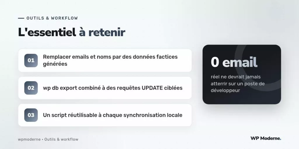 L'essentiel à retenir : Remplacer emails et noms par des données factices générées ; wp db export combiné à des requêtes UPDATE ciblées ; Un script réutilisable à chaque synchronisation locale