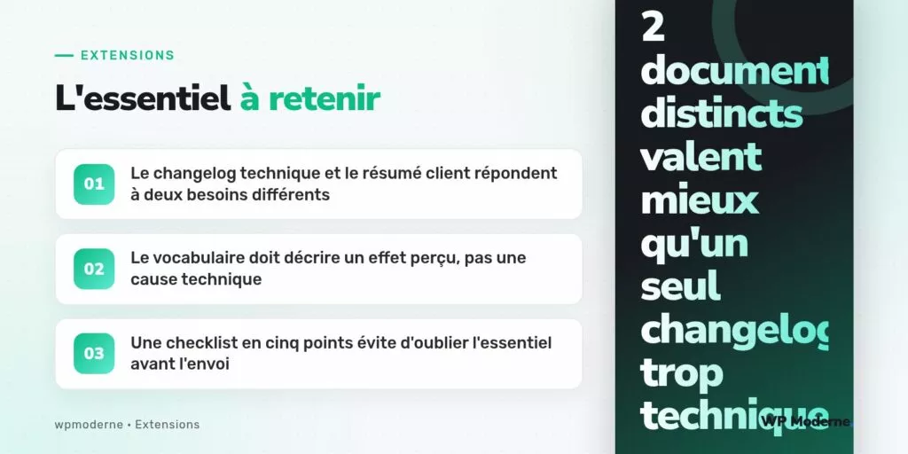 L'essentiel à retenir : Le changelog technique et le résumé client répondent à deux besoins différents ; Le vocabulaire doit décrire un effet perçu, pas une cause technique ; Une checklist en cinq points évite d'oublier l'essentiel avant l'envoi