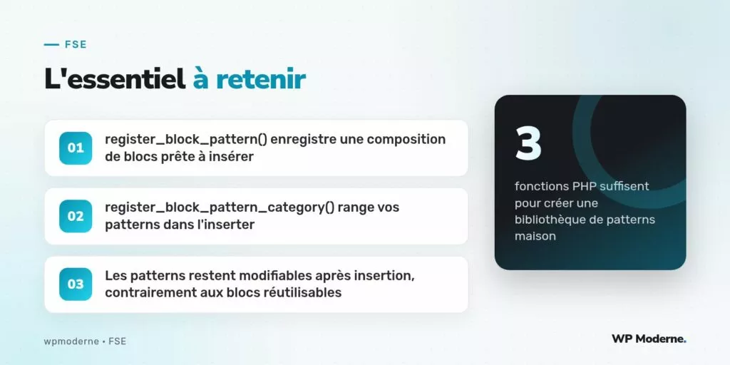 L'essentiel à retenir : register_block_pattern() enregistre une composition de blocs prête à insérer ; register_block_pattern_category() range vos patterns dans l'inserter ; Les patterns restent modifiables après insertion, contrairement aux blocs réutilisables