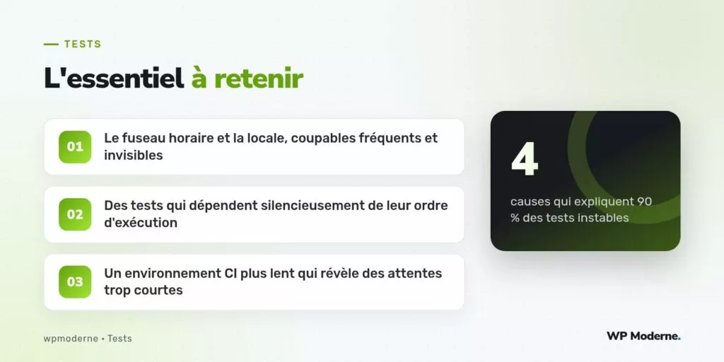 L'essentiel à retenir : Le fuseau horaire et la locale, coupables fréquents et invisibles ; Des tests qui dépendent silencieusement de leur ordre d'exécution ; Un environnement CI plus lent qui révèle des attentes trop courtes