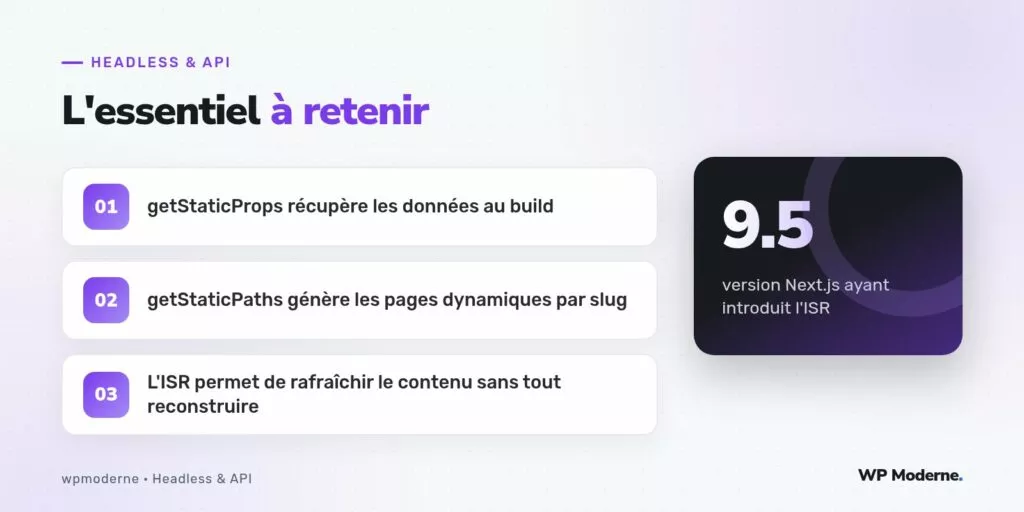 L'essentiel à retenir : getStaticProps récupère les données au build ; getStaticPaths génère les pages dynamiques par slug ; L'ISR permet de rafraîchir le contenu sans tout reconstruire