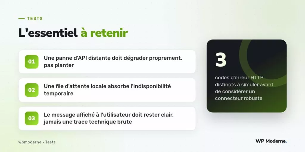 L'essentiel à retenir : Une panne d'API distante doit dégrader proprement, pas planter ; Une file d'attente locale absorbe l'indisponibilité temporaire ; Le message affiché à l'utilisateur doit rester clair, jamais une trace technique brute