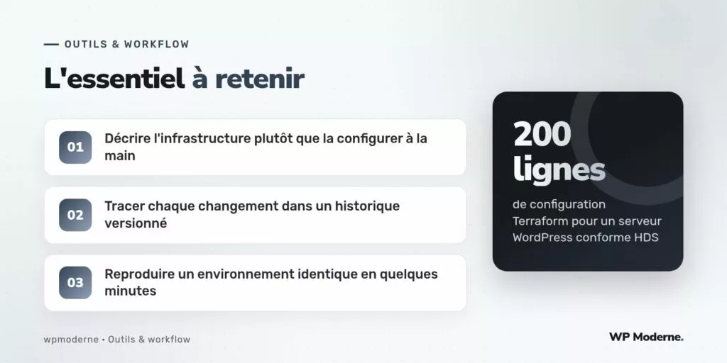 L'essentiel à retenir : Décrire l'infrastructure plutôt que la configurer à la main ; Tracer chaque changement dans un historique versionné ; Reproduire un environnement identique en quelques minutes