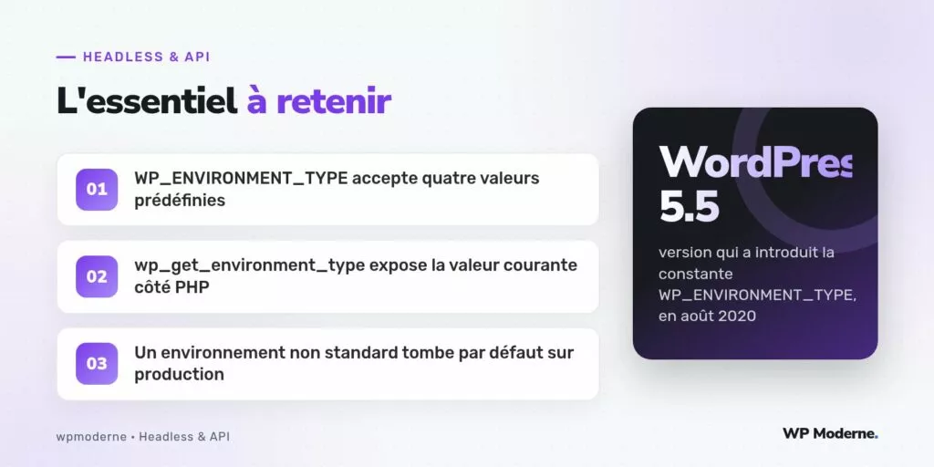 L'essentiel à retenir : WP_ENVIRONMENT_TYPE accepte quatre valeurs prédéfinies ; wp_get_environment_type expose la valeur courante côté PHP ; Un environnement non standard tombe par défaut sur production