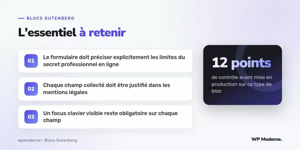 L'essentiel à retenir : Le formulaire doit préciser explicitement les limites du secret professionnel en ligne ; Chaque champ collecté doit être justifié dans les mentions légales ; Un focus clavier visible reste obligatoire sur chaque champ