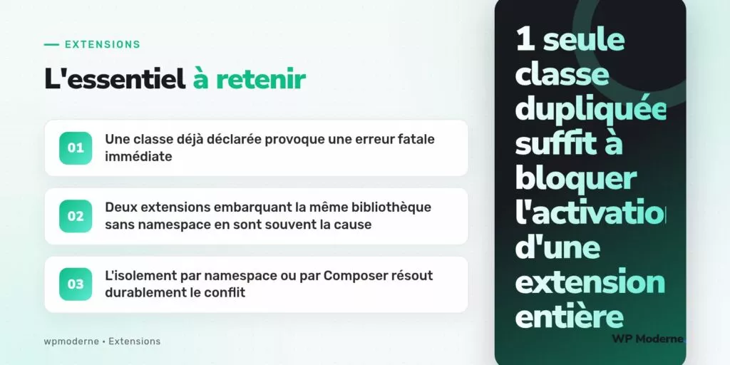 L'essentiel à retenir : Une classe déjà déclarée provoque une erreur fatale immédiate ; Deux extensions embarquant la même bibliothèque sans namespace en sont souvent la cause ; L'isolement par namespace ou par Composer résout durablement le conflit