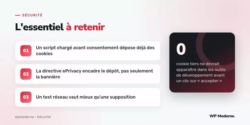 L'essentiel à retenir : Un script chargé avant consentement dépose déjà des cookies ; La directive ePrivacy encadre le dépôt, pas seulement la bannière ; Un test réseau vaut mieux qu'une supposition