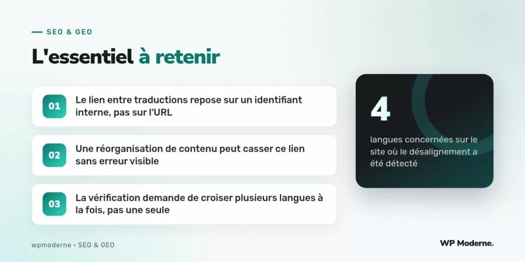L'essentiel à retenir : Le lien entre traductions repose sur un identifiant interne, pas sur l'URL ; Une réorganisation de contenu peut casser ce lien sans erreur visible ; La vérification demande de croiser plusieurs langues à la fois, pas une seule