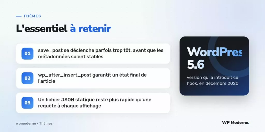 L'essentiel à retenir : save_post se déclenche parfois trop tôt, avant que les métadonnées soient stables ; wp_after_insert_post garantit un état final de l'article ; Un fichier JSON statique reste plus rapide qu'une requête à chaque affichage