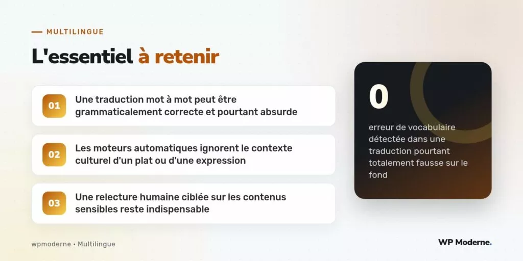 L'essentiel à retenir : Une traduction mot à mot peut être grammaticalement correcte et pourtant absurde ; Les moteurs automatiques ignorent le contexte culturel d'un plat ou d'une expression ; Une relecture humaine ciblée sur les contenus sensibles reste indispensable