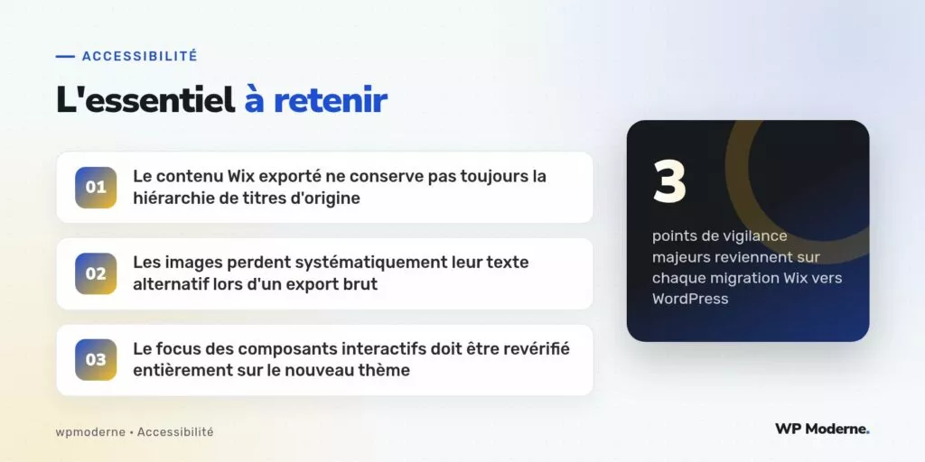 L'essentiel à retenir : Le contenu Wix exporté ne conserve pas toujours la hiérarchie de titres d'origine ; Les images perdent systématiquement leur texte alternatif lors d'un export brut ; Le focus des composants interactifs doit être revérifié entièrement sur le nouveau thème