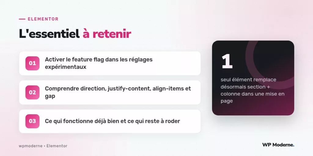 L'essentiel à retenir : Activer le feature flag dans les réglages expérimentaux ; Comprendre direction, justify-content, align-items et gap ; Ce qui fonctionne déjà bien et ce qui reste à roder