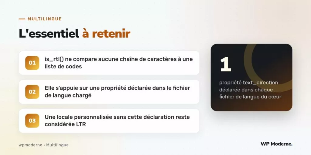 L'essentiel à retenir : is_rtl() ne compare aucune chaîne de caractères à une liste de codes ; Elle s'appuie sur une propriété déclarée dans le fichier de langue chargé ; Une locale personnalisée sans cette déclaration reste considérée LTR