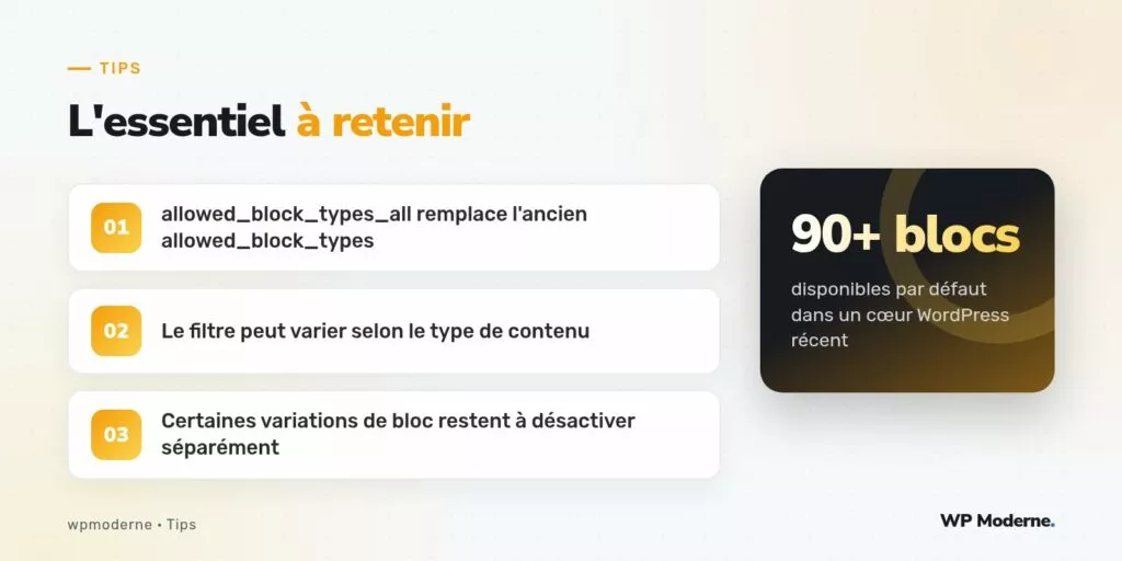 L'essentiel à retenir : allowed_block_types_all remplace l'ancien allowed_block_types ; Le filtre peut varier selon le type de contenu ; Certaines variations de bloc restent à désactiver séparément