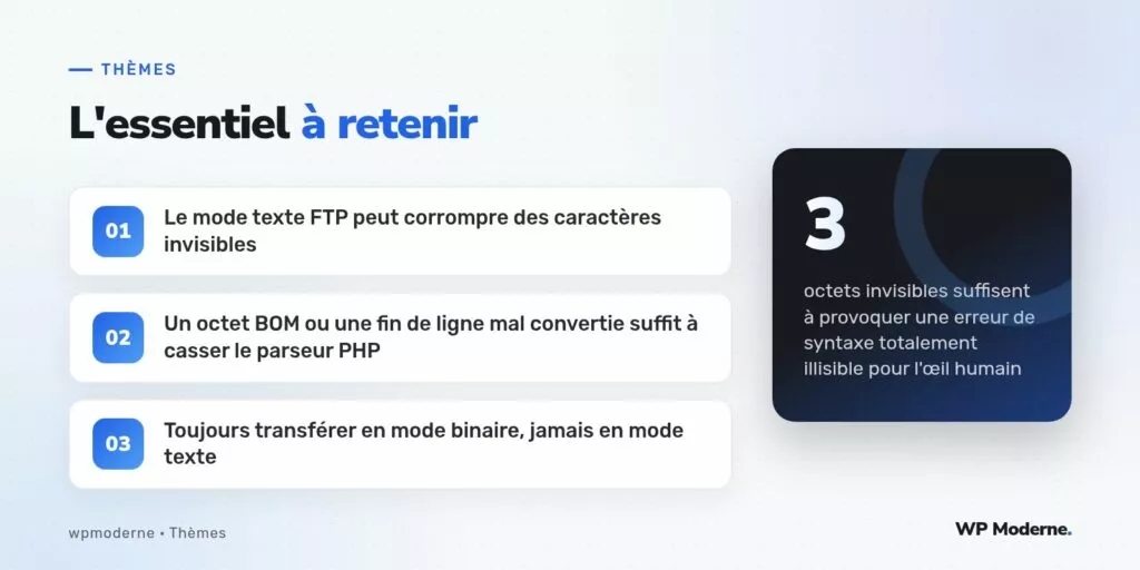 L'essentiel à retenir : Le mode texte FTP peut corrompre des caractères invisibles ; Un octet BOM ou une fin de ligne mal convertie suffit à casser le parseur PHP ; Toujours transférer en mode binaire, jamais en mode texte