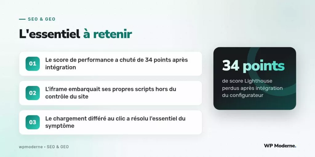 L'essentiel à retenir : Le score de performance a chuté de 34 points après intégration ; L'iframe embarquait ses propres scripts hors du contrôle du site ; Le chargement différé au clic a résolu l'essentiel du symptôme
