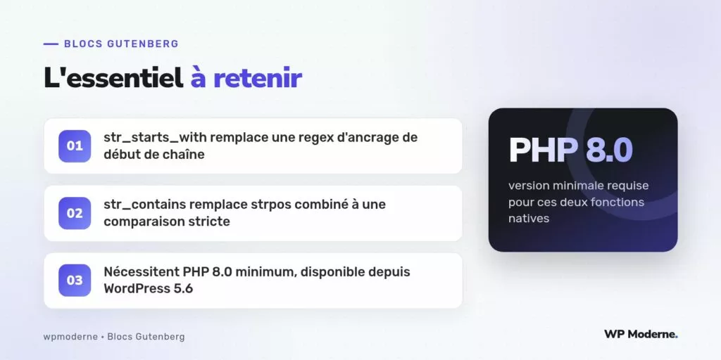 L'essentiel à retenir : str_starts_with remplace une regex d'ancrage de début de chaîne ; str_contains remplace strpos combiné à une comparaison stricte ; Nécessitent PHP 8.0 minimum, disponible depuis WordPress 5.6