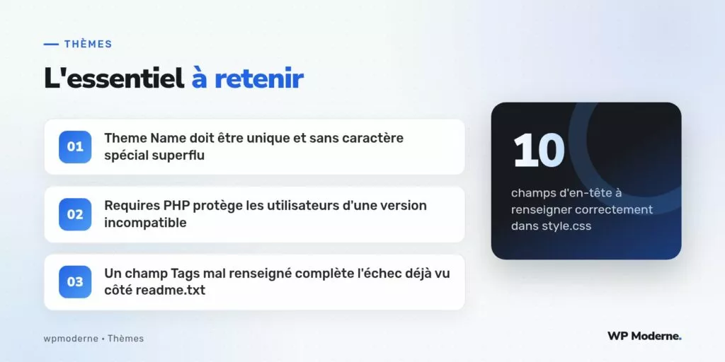 L'essentiel à retenir : Theme Name doit être unique et sans caractère spécial superflu ; Requires PHP protège les utilisateurs d'une version incompatible ; Un champ Tags mal renseigné complète l'échec déjà vu côté readme.txt