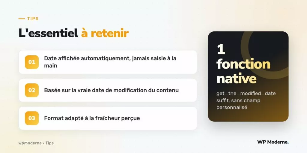 L'essentiel à retenir : Date affichée automatiquement, jamais saisie à la main ; Basée sur la vraie date de modification du contenu ; Format adapté à la fraîcheur perçue