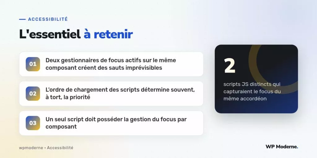 L'essentiel à retenir : Deux gestionnaires de focus actifs sur le même composant créent des sauts imprévisibles ; L'ordre de chargement des scripts détermine souvent, à tort, la priorité ; Un seul script doit posséder la gestion du focus par composant