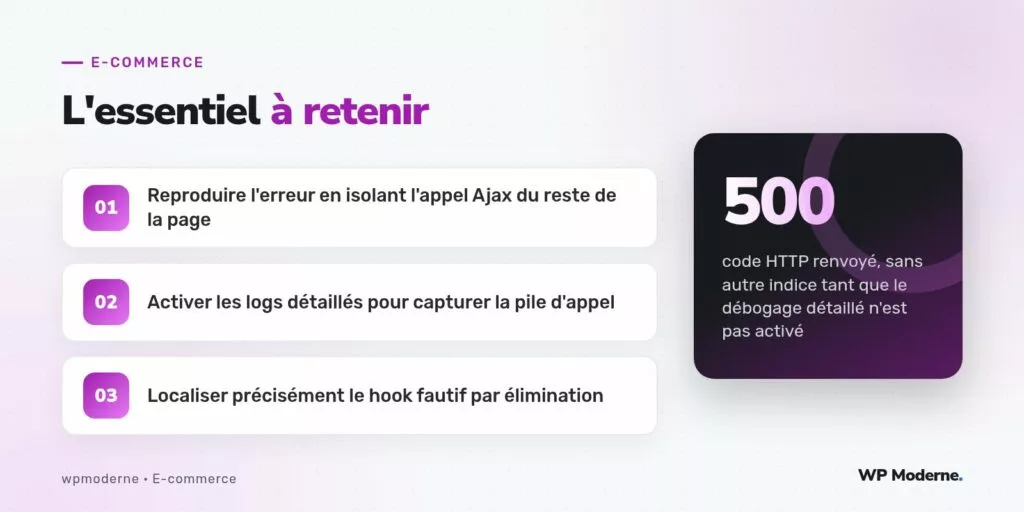 L'essentiel à retenir : Reproduire l'erreur en isolant l'appel Ajax du reste de la page ; Activer les logs détaillés pour capturer la pile d'appel ; Localiser précisément le hook fautif par élimination