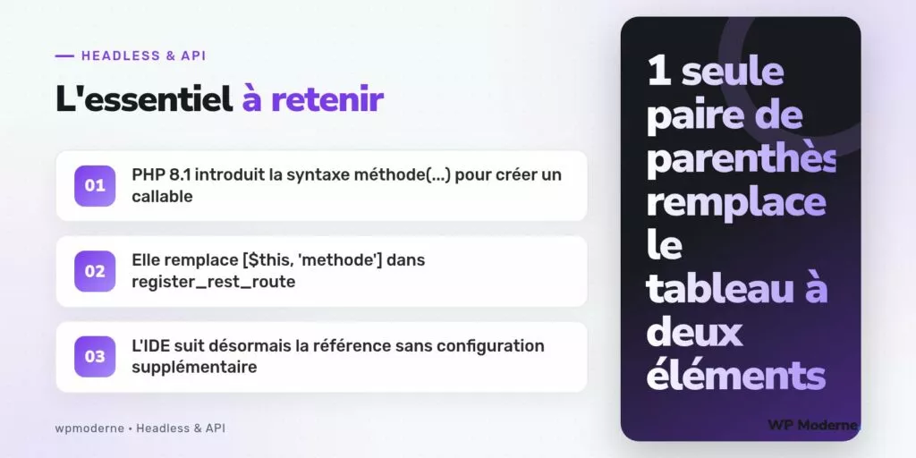 L'essentiel à retenir : PHP 8.1 introduit la syntaxe méthode(...) pour créer un callable ; Elle remplace [$this, 'methode'] dans register_rest_route ; L'IDE suit désormais la référence sans configuration supplémentaire