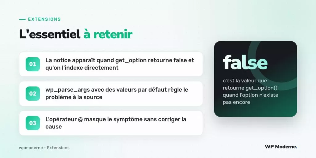 L'essentiel à retenir : La notice apparaît quand get_option retourne false et qu'on l'indexe directement ; wp_parse_args avec des valeurs par défaut règle le problème à la source ; L'opérateur @ masque le symptôme sans corriger la cause