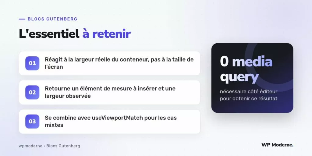 L'essentiel à retenir : Réagit à la largeur réelle du conteneur, pas à la taille de l'écran ; Retourne un élément de mesure à insérer et une largeur observée ; Se combine avec useViewportMatch pour les cas mixtes