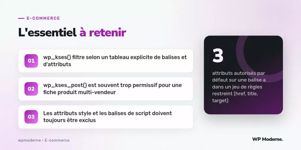 L'essentiel à retenir : wp_kses() filtre selon un tableau explicite de balises et d'attributs ; wp_kses_post() est souvent trop permissif pour une fiche produit multi-vendeur ; Les attributs style et les balises de script doivent toujours être exclus