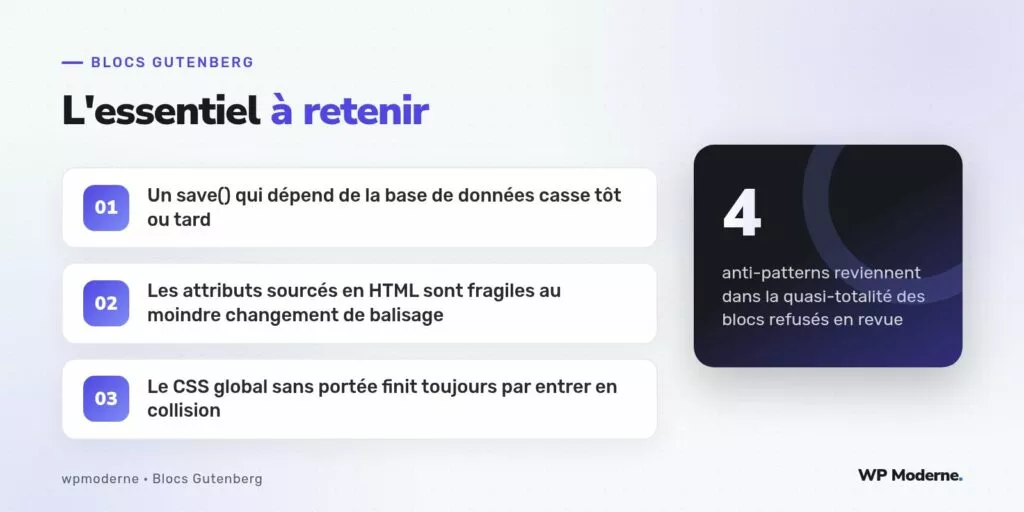 L'essentiel à retenir : Un save() qui dépend de la base de données casse tôt ou tard ; Les attributs sourcés en HTML sont fragiles au moindre changement de balisage ; Le CSS global sans portée finit toujours par entrer en collision