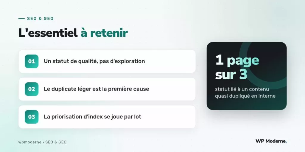 L'essentiel à retenir : Un statut de qualité, pas d'exploration ; Le duplicate léger est la première cause ; La priorisation d'index se joue par lot