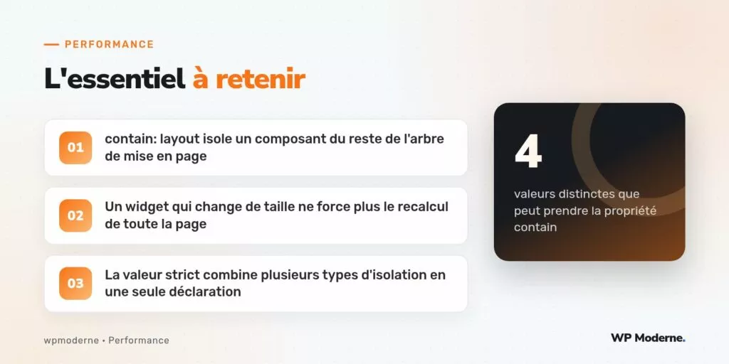 L'essentiel à retenir : contain: layout isole un composant du reste de l'arbre de mise en page ; Un widget qui change de taille ne force plus le recalcul de toute la page ; La valeur strict combine plusieurs types d'isolation en une seule déclaration