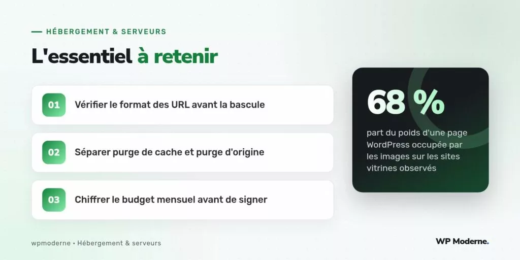 L'essentiel à retenir : Vérifier le format des URL avant la bascule ; Séparer purge de cache et purge d'origine ; Chiffrer le budget mensuel avant de signer