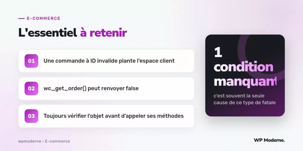 L'essentiel à retenir : Une commande à ID invalide plante l'espace client ; wc_get_order() peut renvoyer false ; Toujours vérifier l'objet avant d'appeler ses méthodes