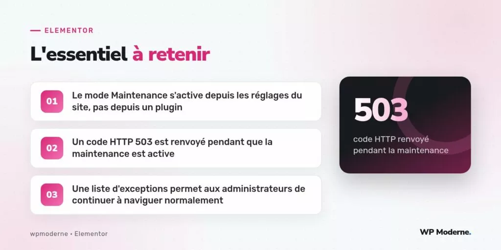 L'essentiel à retenir : Le mode Maintenance s'active depuis les réglages du site, pas depuis un plugin ; Un code HTTP 503 est renvoyé pendant que la maintenance est active ; Une liste d'exceptions permet aux administrateurs de continuer à naviguer normalement