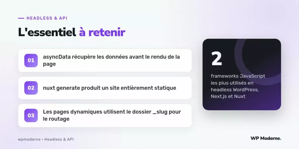 L'essentiel à retenir : asyncData récupère les données avant le rendu de la page ; nuxt generate produit un site entièrement statique ; Les pages dynamiques utilisent le dossier _slug pour le routage