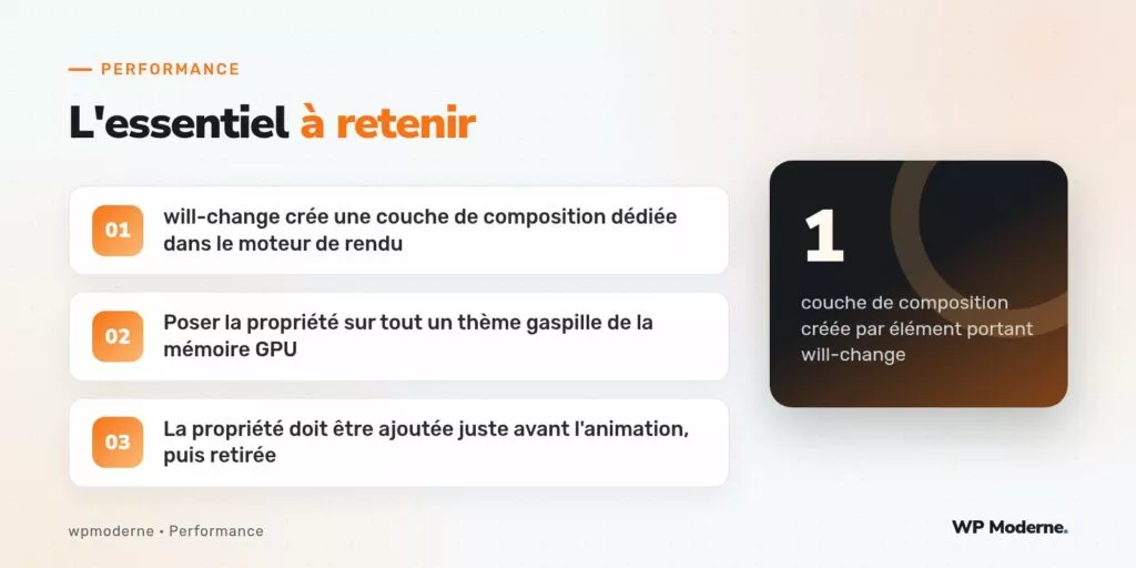 L'essentiel à retenir : will-change crée une couche de composition dédiée dans le moteur de rendu ; Poser la propriété sur tout un thème gaspille de la mémoire GPU ; La propriété doit être ajoutée juste avant l'animation, puis retirée