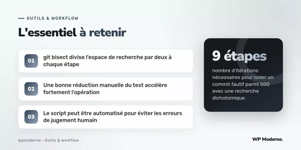 L'essentiel à retenir : git bisect divise l'espace de recherche par deux à chaque étape ; Une bonne réduction manuelle du test accélère fortement l'opération ; Le script peut être automatisé pour éviter les erreurs de jugement humain