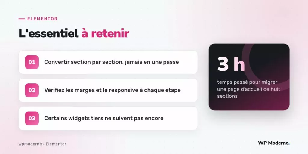 L'essentiel à retenir : Convertir section par section, jamais en une passe ; Vérifiez les marges et le responsive à chaque étape ; Certains widgets tiers ne suivent pas encore