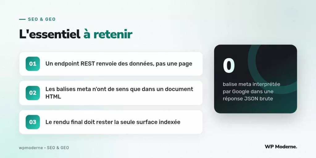 L'essentiel à retenir : Un endpoint REST renvoie des données, pas une page ; Les balises meta n'ont de sens que dans un document HTML ; Le rendu final doit rester la seule surface indexée