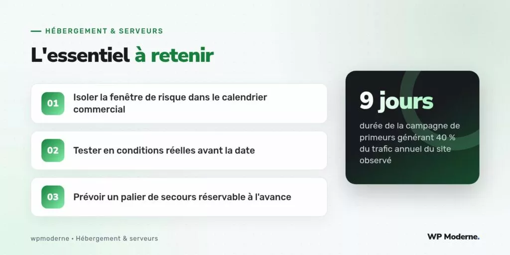 L'essentiel à retenir : Isoler la fenêtre de risque dans le calendrier commercial ; Tester en conditions réelles avant la date ; Prévoir un palier de secours réservable à l'avance